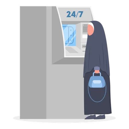 Muslim woman using bank ATM machine  Illustration