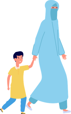 Muslim woman walking with child on street  Illustration