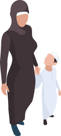 Muslim woman walking with her son  Illustration