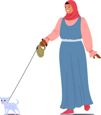 Muslim woman walking with pet dog  Illustration