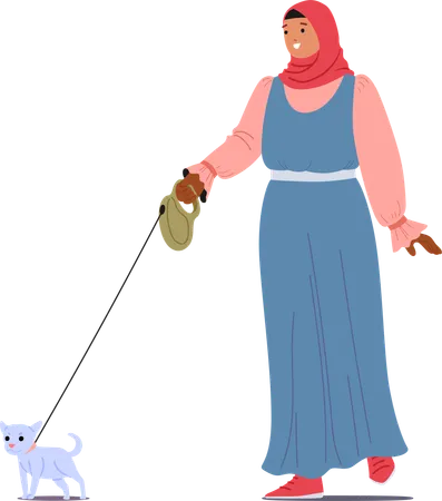 Muslim woman walking with pet dog  Illustration