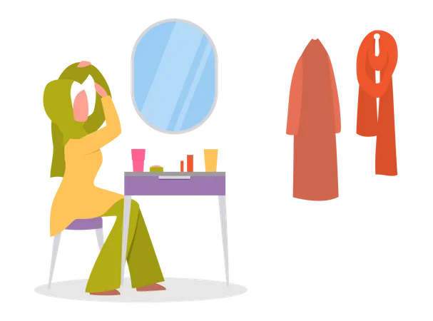 Muslim Woman Putting On Her Hijab In Front Of The Mirror Before She Go Out Woman Doing Make Up Muslim Woman Daily Routine Isolated Vector Illustration In Cartoon Style 일러스트레이션