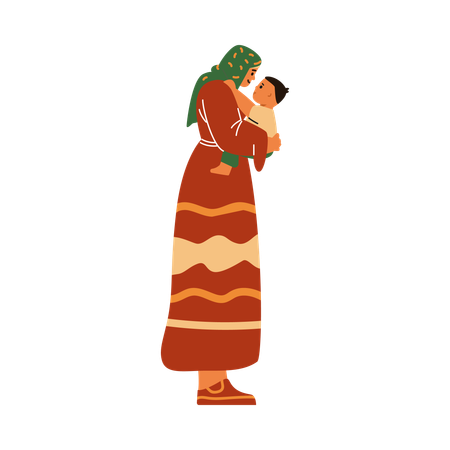 Muslim woman wearing hijab holding her son in her arms  Illustration