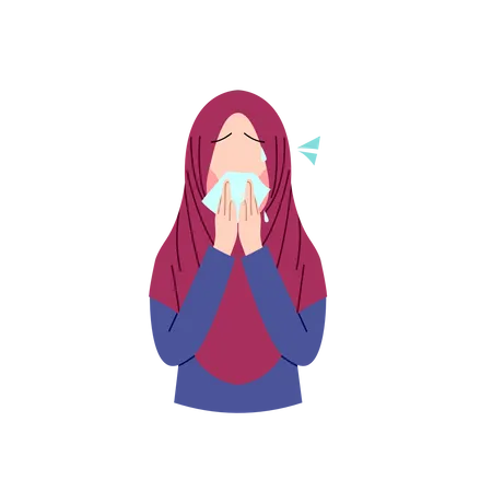 Muslim woman wiping cough using tissue paper Illustration