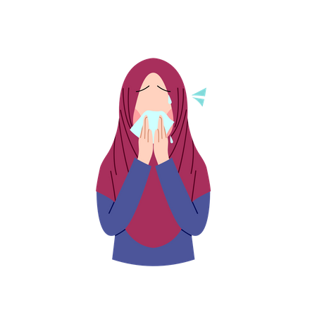 Muslim woman wiping cough using tissue paper  Illustration