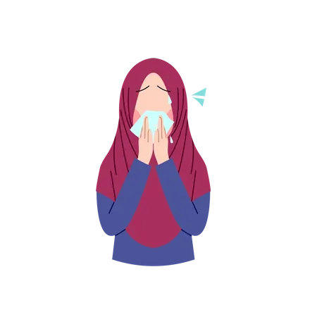 Muslim woman wiping cough using tissue paper  Illustration