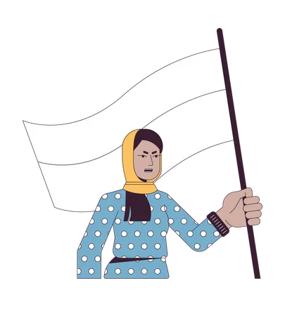 Muslim Woman With Flag Flat Line Color Vector Character Protect Rights For Woman Protest Editable Outline Full Body Person On White Simple Cartoon Spot Illustration For Web Graphic Design Illustration