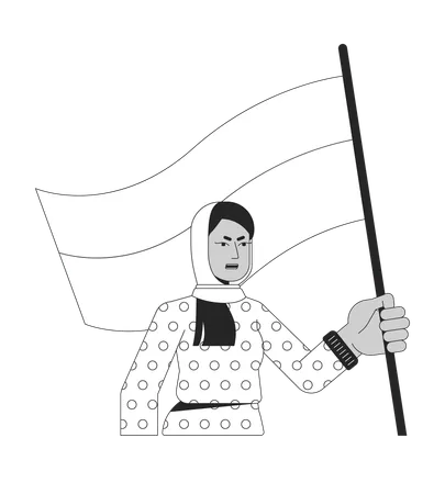 Muslim Woman With Flag Flat Line Black White Vector Character Protect Rights For Woman Protest Editable Outline Full Body Person Simple Cartoon Isolated Spot Illustration For Web Graphic Design Illustration