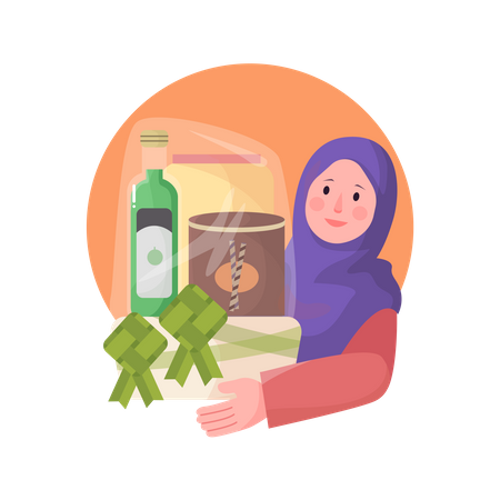 Muslim woman with ketupat  Illustration