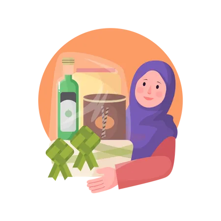 Muslim woman with ketupat  Illustration