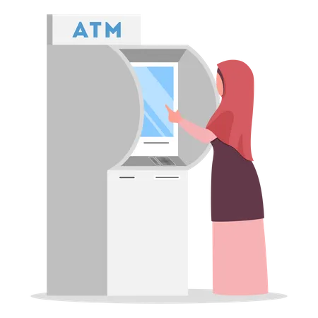 Muslim woman withdrawing cash using atm  Illustration