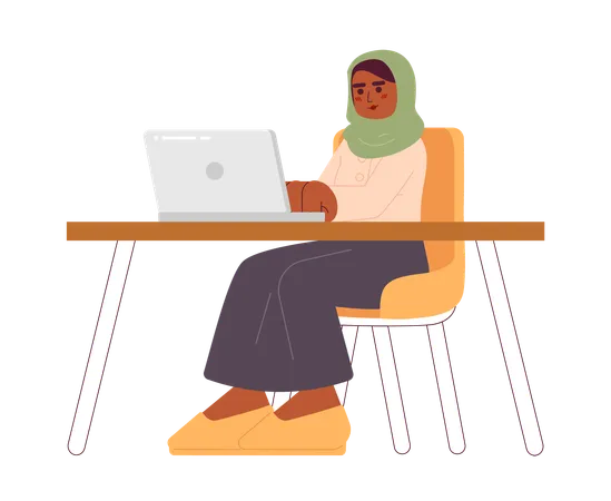Muslim Woman Working From Home Cartoon Flat Illustration Workspace Female Hijab Remote Employee 2 D Character Isolated On White Background Telecommuting Adult Headscarf Scene Vector Color Image Illustration
