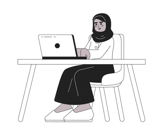 Muslim Woman Working From Home Black And White Cartoon Flat Illustration Workspace Female Hijab Employee Linear 2 D Character Isolated Telecommuting Adult Headscarf Monochromatic Scene Vector Image Illustration