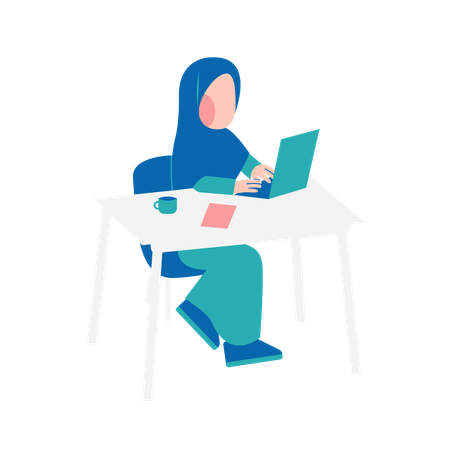 Muslim Woman Working On Desk  Illustration