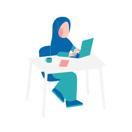 Muslim Woman Working On Desk  Illustration