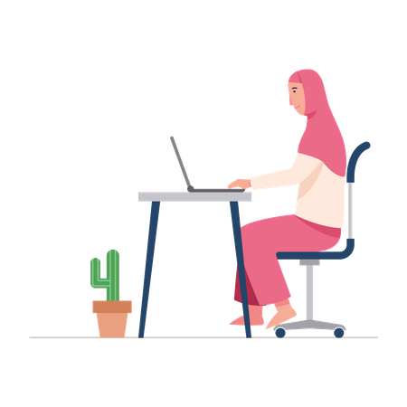 Muslim woman working on laptop  Illustration
