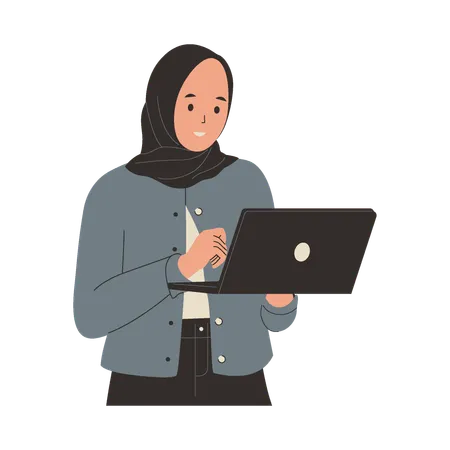 Muslim woman working on laptop  Illustration