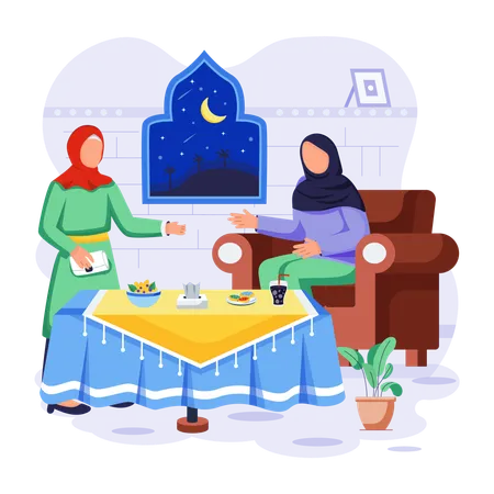 Muslim women are enjoying food in Iftar time  Illustration