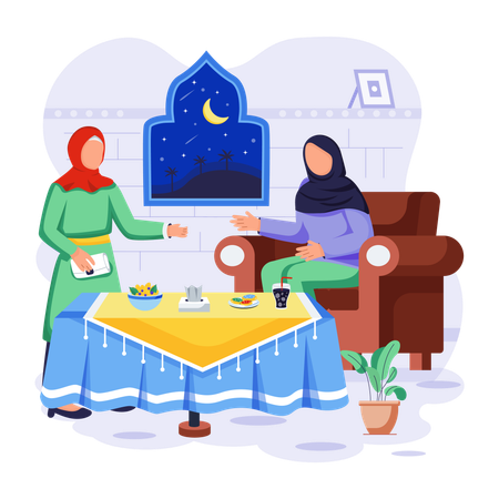 Muslim women are enjoying food in Iftar time  Illustration