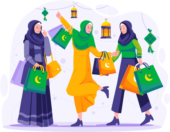 Muslim women are shopping on Ramadan Sale  Illustration