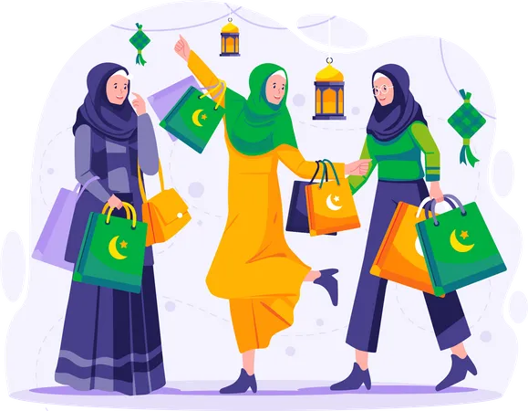 Muslim women are shopping on Ramadan Sale  Illustration