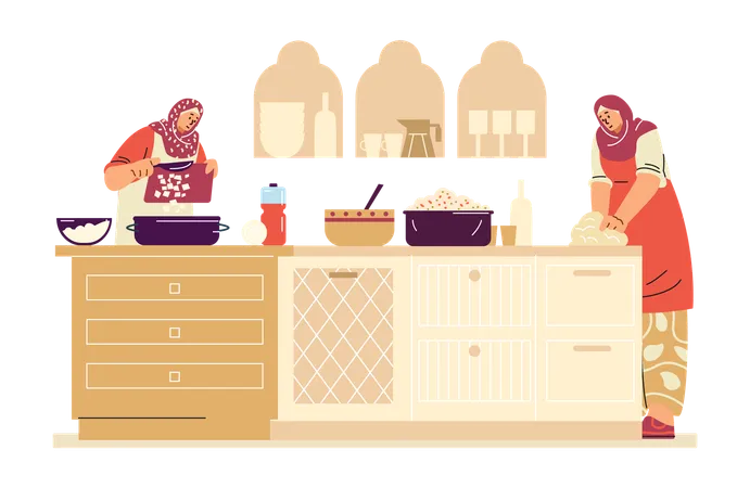 Muslim women cooking in kitchen  Illustration