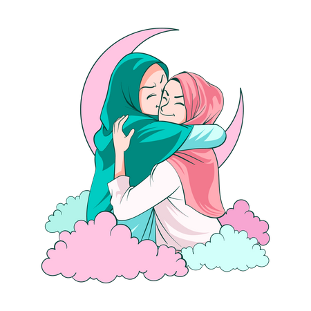 Muslim women greeting each other on eid  Illustration