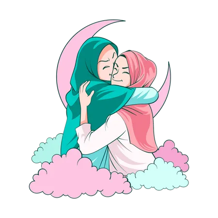 Muslim women greeting each other on eid  Illustration