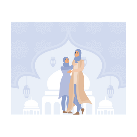 Muslim women hugging on Eid al Fitr Illustration