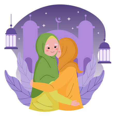 Muslim women hugging on eid mubarak Illustration
