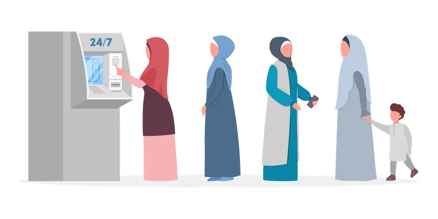 Muslim women standing in queue to ATM Illustration