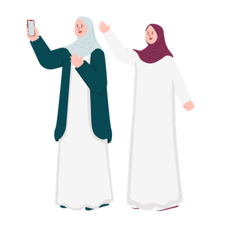 Muslim Women Taking mobile Selfie  Illustration