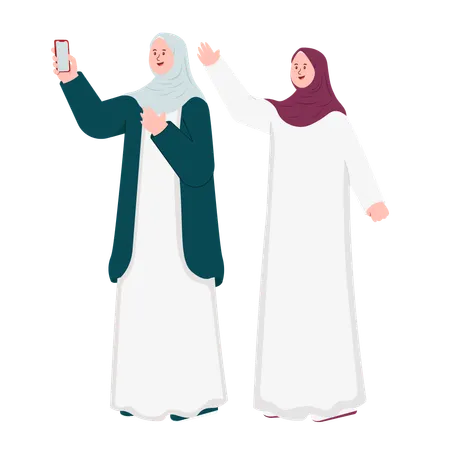 Muslim Women Taking mobile Selfie  Illustration