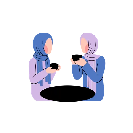 Muslim Women Talking In Cafe Illustration