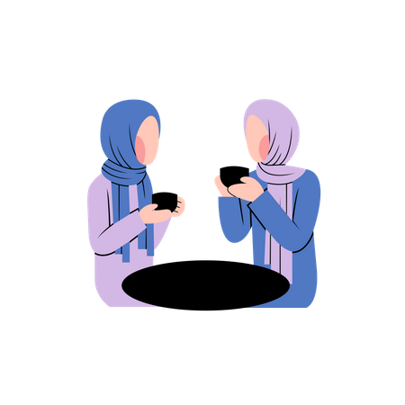 Muslim Women Talking In Cafe  Illustration