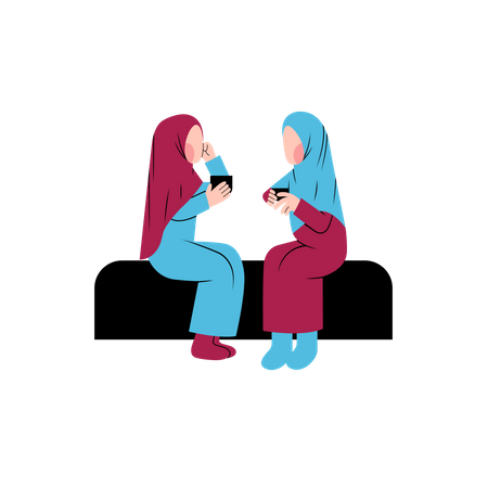 Muslim Women Talking While Sitting And Drinking Coffee Illustration