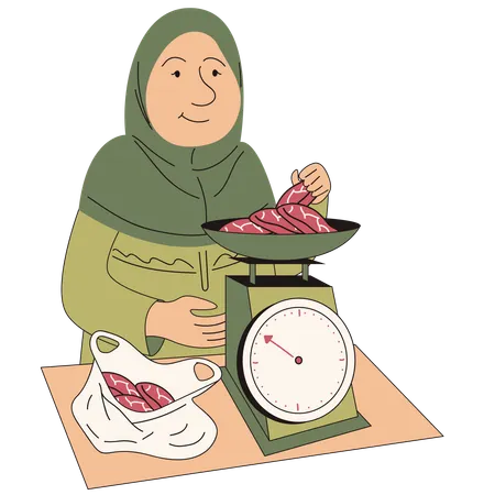 Muslim women weighing meat  Illustration