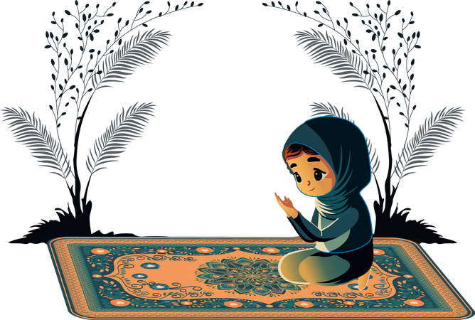 Muslim Young Girl Offering Namaz on Mat  Illustration