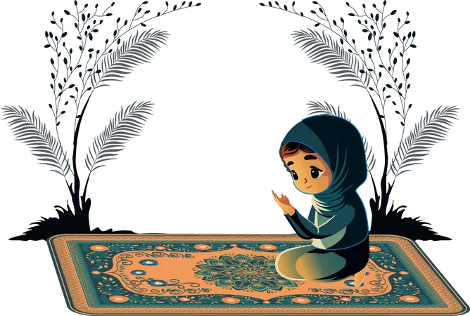 Muslim Young Girl Child Character Offering Namaz Prayer On Mat Ramadan Kareem Concept Illustration