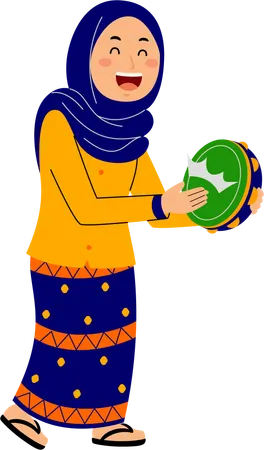 Muslim young woman beating drum  Illustration