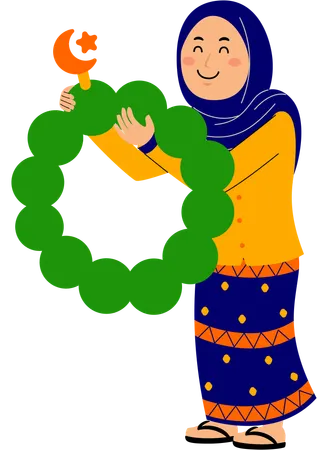 Muslim young woman holding garland  Illustration
