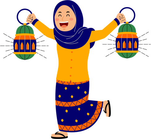 Muslim young woman holding lanterns  Illustration