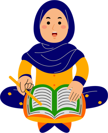 Muslim young woman reading chapters from Quran holy book  Illustration