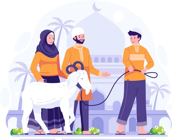 Muslime bringen am Opferfest Eid Al Adha eine Ziege zum Qurban oder Opfer mit.  Illustration