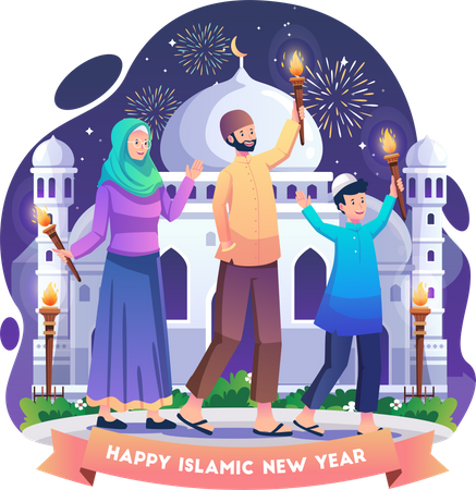 Muslime feiern das islamische Neujahr mit einer Fackelparade  Illustration