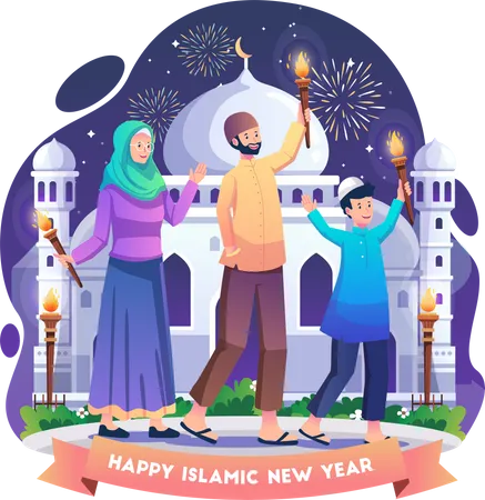 Muslime feiern das islamische Neujahr mit einer Fackelparade  Illustration