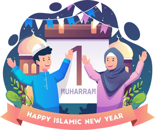 Muslime feiern das islamische Neujahr  Illustration