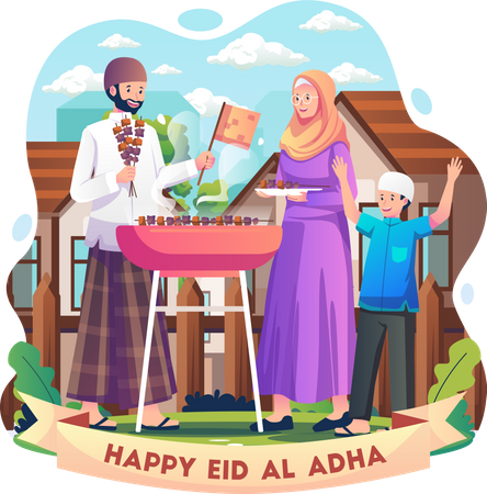 Muslime grillen Fleisch, um das Opferfest Eid al-Adha zu feiern  Illustration