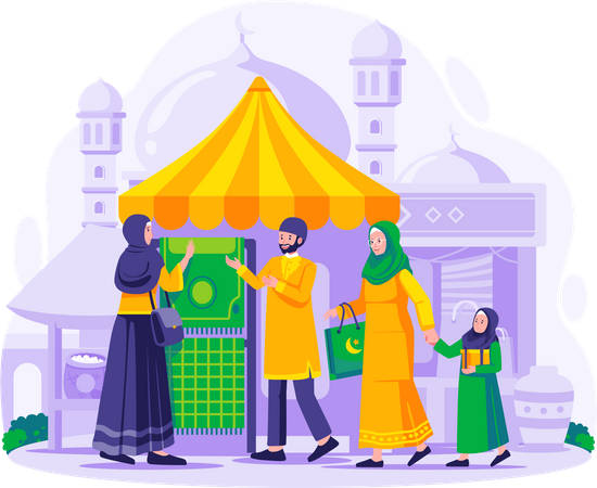 Muslime kaufen auf einem traditionellen Straßenmarkt ein  Illustration