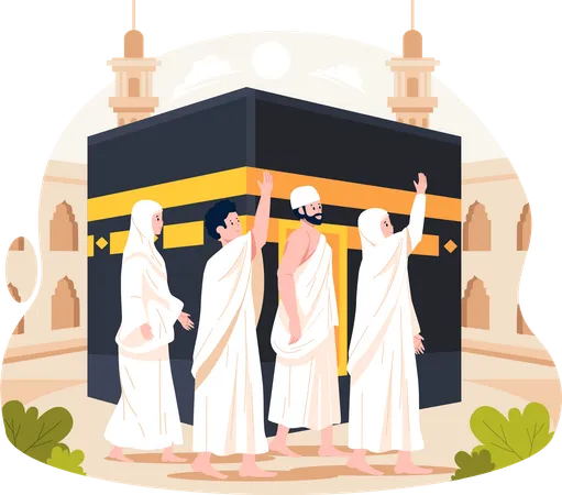 Islamisch Hajj Pilgrimage Moslem Leute Machen Tawaf Oder Gehende Ungefahr Kaaba In Mecca Vektor Abbildung In Flache Stil Illustration